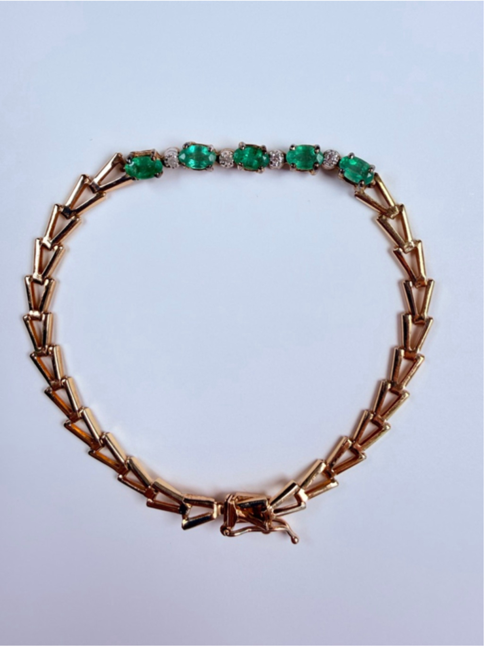 14K Solid Yellow Gold Emerald & Diamond VTG Chevron Arrow Link Tennis Bracelet - Picture 11 of 12